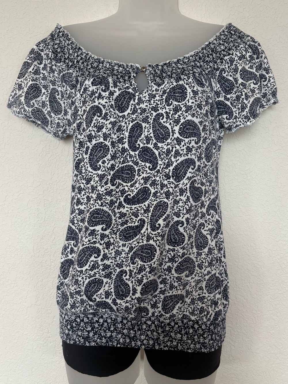 Lucky Brand Navy and White Paisley Off-Shoulder Top